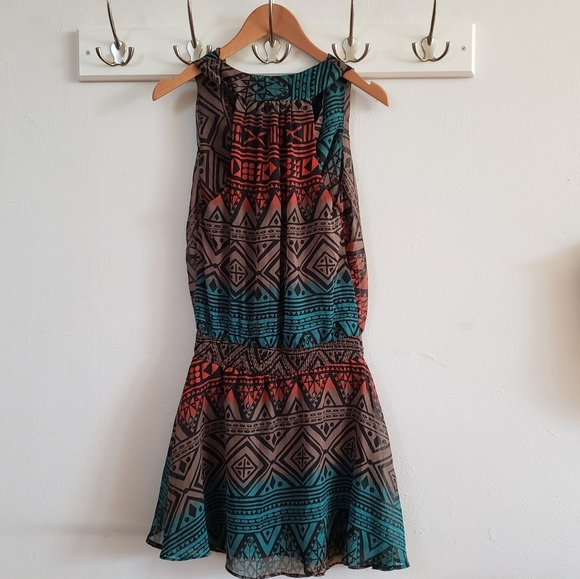 Cowl Neck Blue and Brown Pattern Dress - Picture 2 of 5